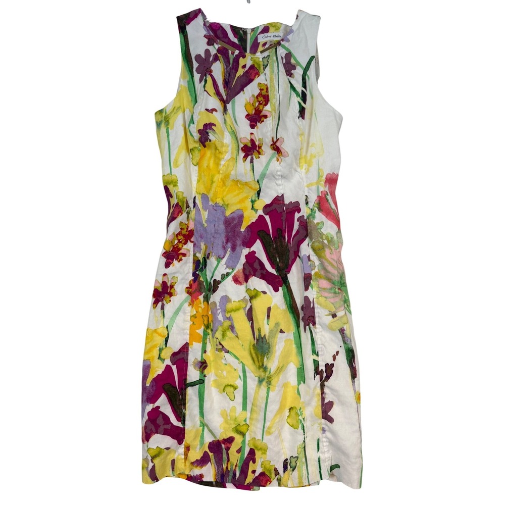 Calvin Klein Womens 8P Floral Linen Blend Sheath‎ Dress Watercolor Sleeveless